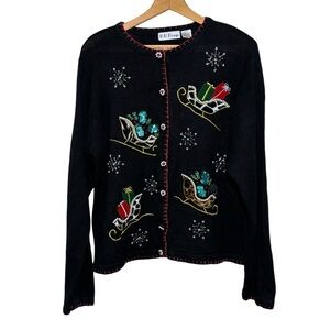 B.P. Design Embellished Christmas Sweater Fuzzy Leopard Print Sleighs. Women’s L